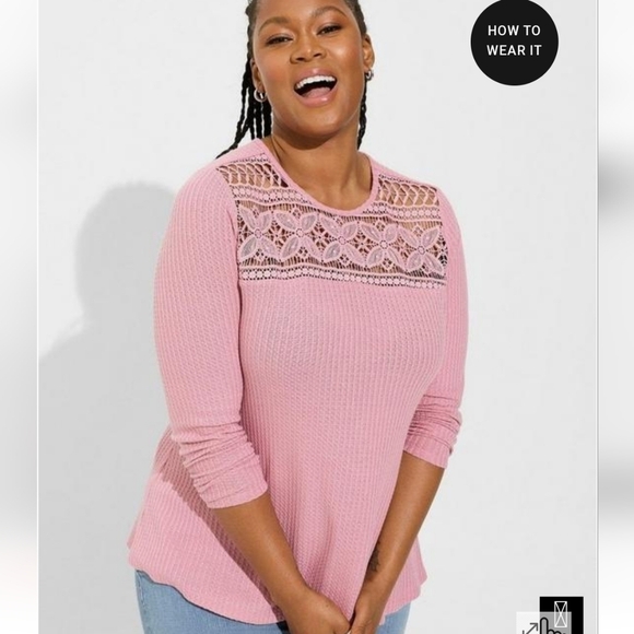 Torrid Waffle Crochet Yoke Top Mauve Long Sleeve - Picture 3 of 9